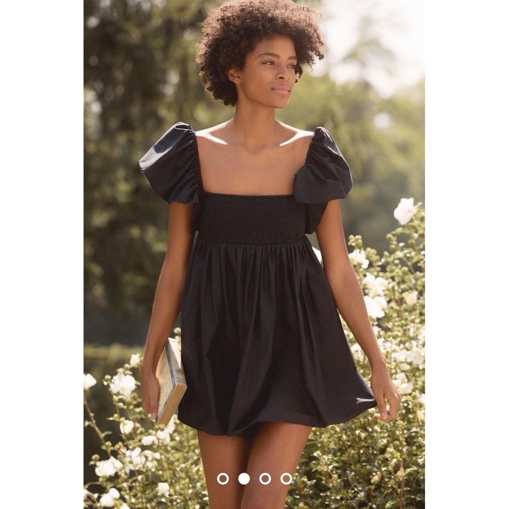 Anthropologie Somerset Mini Dress Black Smocked Ruffle Sleeve Tie Back XXS